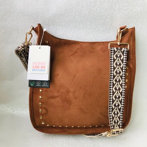 ahdorned Messenger Crossbody  Faux Suede  Bag Brown /Gold  12" W x11.5" H x 3"D - Picture 1 of 8